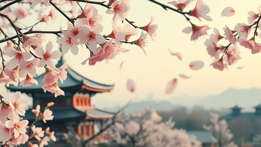 erene Japanese woodblock print featuring ethereal cherry blossoms, tranquil expression, delicate petals drifting through the air, traditional temple background, nature in japanese woodblock prints