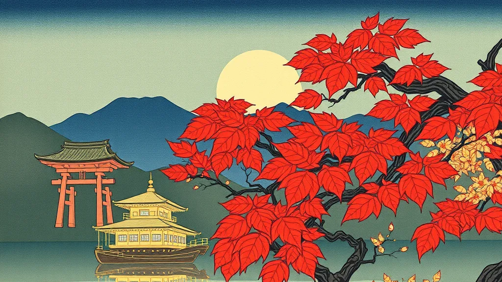 red maples and misty mountains in woodblock print landscapes