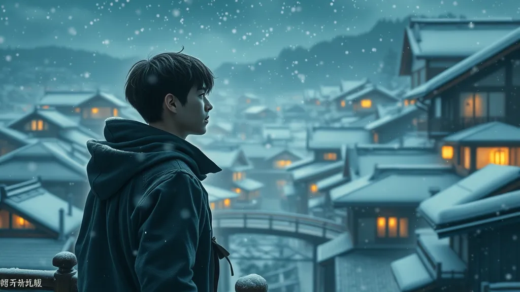 peaceful winter night Japanese woodblock print, lone figure admiring snow-covered rooftops, tranquil landscape prints