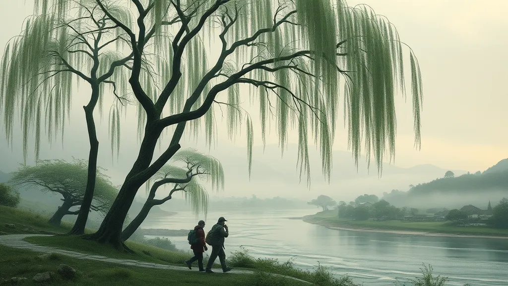 evocative Japanese woodblock print landscape inspired by Hiroshige, travelers under willow trees, misty natural world